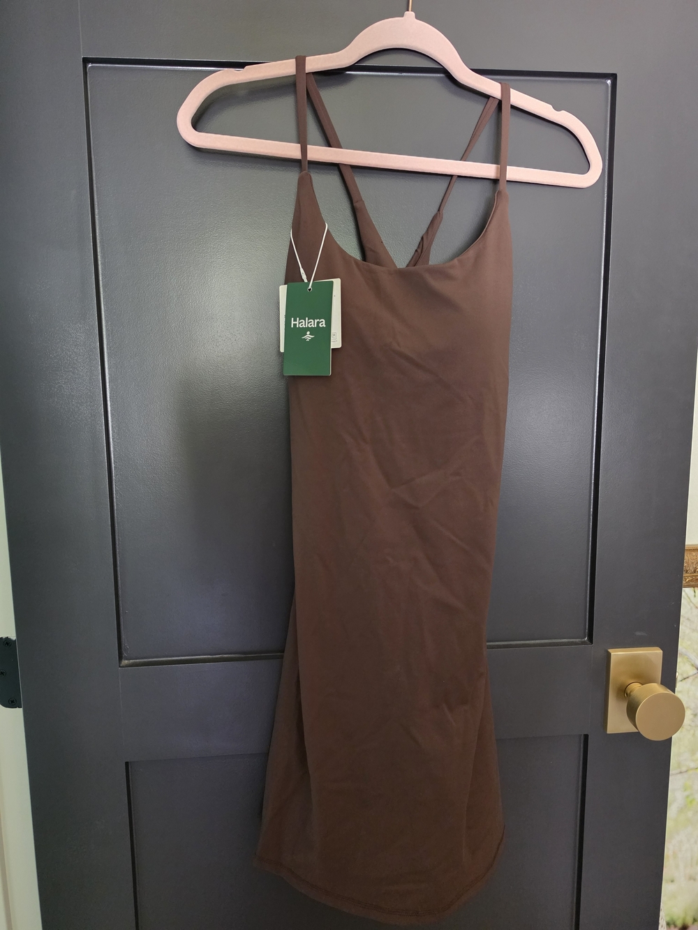 HALARA Brown Midi Slip Dress with Easy-peezy Built In Shorts, Longer Length